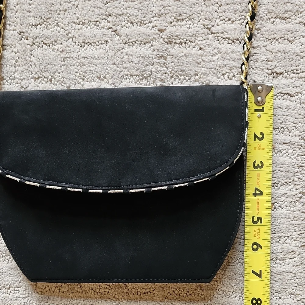 Elegant Black Suede Shoulder Bag W Gold Chain Strap